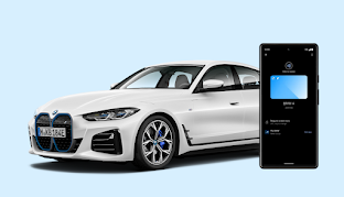 BMW i4 i telefon z Androidem z widocznym cyfrowym kluczykiem samochodowym.