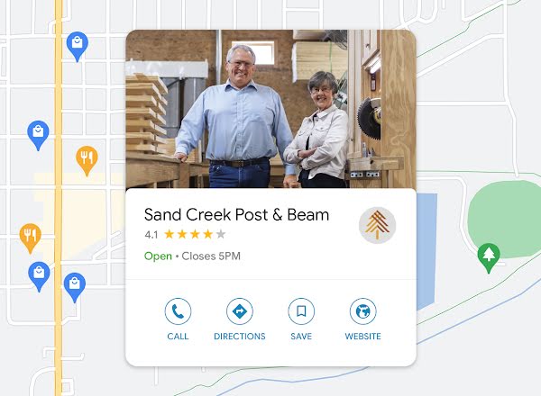 El perfil de empresa de Sand Creek Post & Beam en Google aparece sobre un mapa de Google de Wayne, Nebraska.