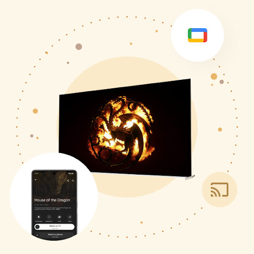Logo House of the Dragon ditampilkan di layar Android TV yang lebar. Di sekeliling layar terdapat sebuah lingkaran yang mengorbit dan berisi gambar ponsel Android. Pada ponsel terdapat informasi kontrol untuk Android TV dengan tombol "Tonton di TV" yang ditandai.