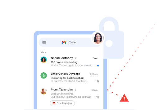 Carpeta principal de Recibidos de Gmail con un ícono de advertencia separado del sitio.