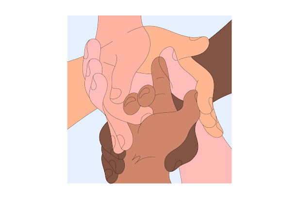 An illustration of multiple intertwined hands of different colors