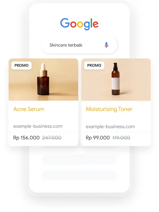 Ilustrasi telepon menunjukkan kueri penelusuran Google untuk skincare terbaik yang menghasilkan dua iklan Shopping yang relevan.