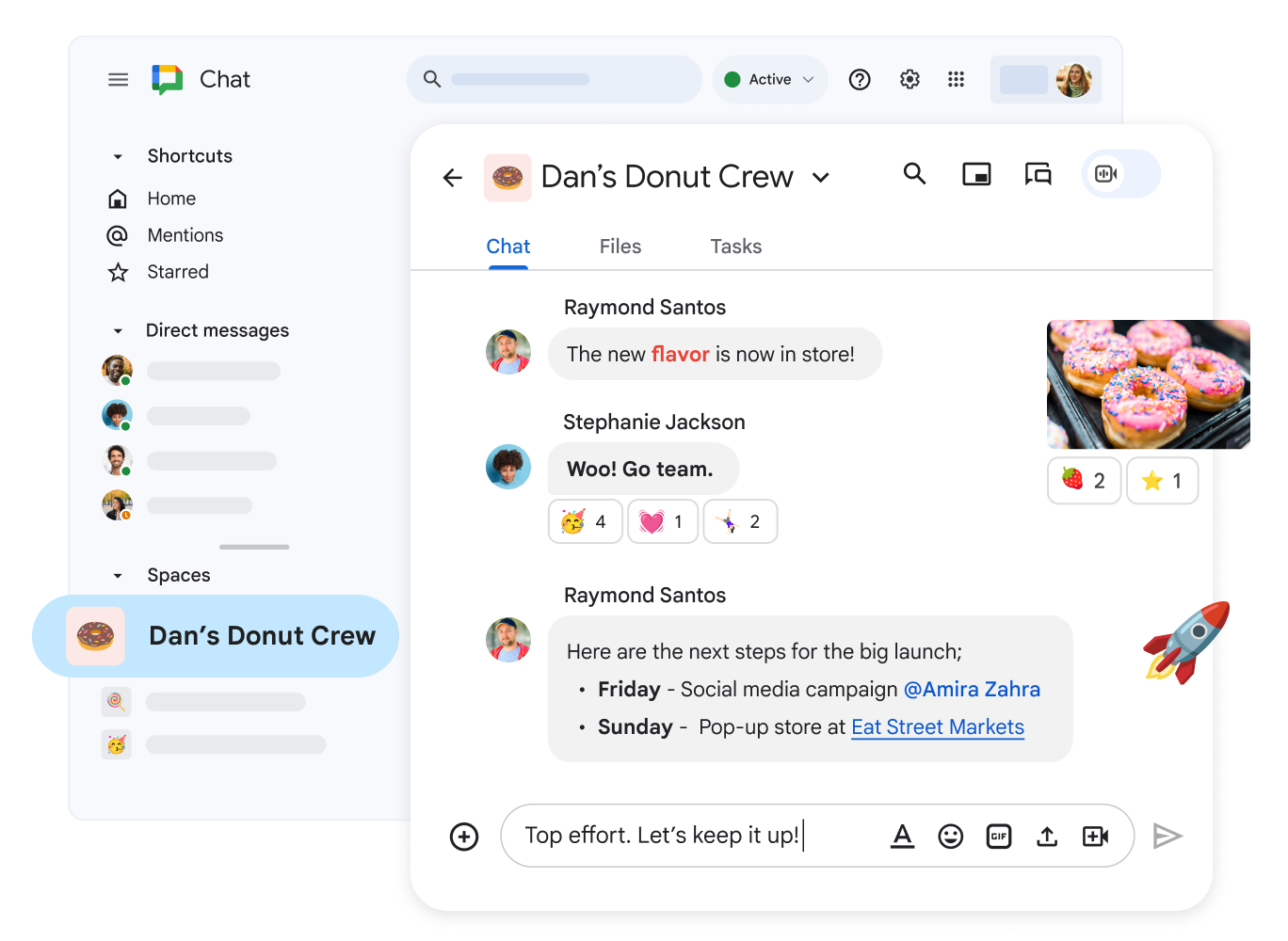 Chat space for Dan's doughnut crew about the success of the new doughnut flavor.