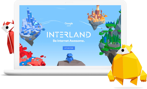 A laptop screen featuring Interland with floating kingdoms in the sky and two geometricly shaped characters.