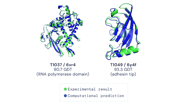Animated 3D protein targets turning 360 degrees. The experimental result is shown in green lines, and the computational prediction is blue. The two sets of lines are almost identical.