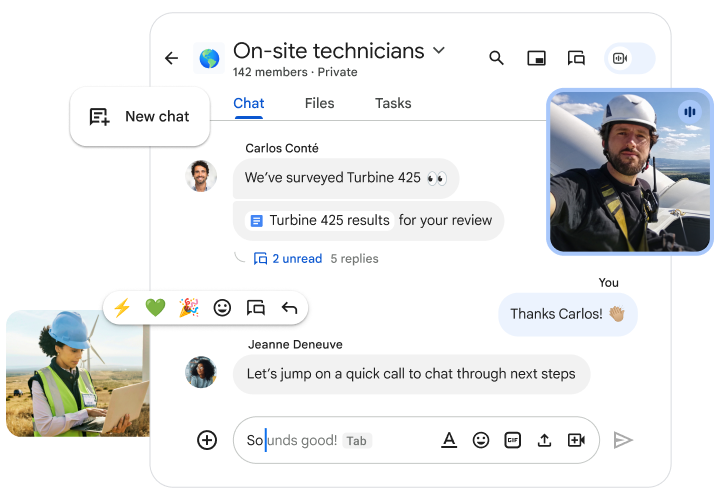 Fotomontaż z rozmową w Google Chat techników zajmujących się instalacją turbin wiatrowych i z różnymi elementami interfejsu.