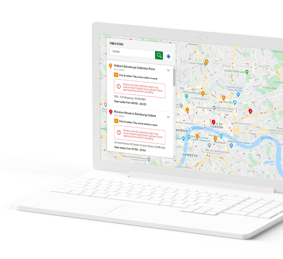 Laptop showing store finder search results on a map