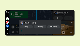 O novo design do Android Auto com a interface de Resposta inteligente sugerindo "Ok", "Estou ocupado" e "Estou dirigindo" como três opções de resposta a uma mensagem.