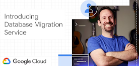 Database migration service written on screen along with a man wearing a blue t-shirt