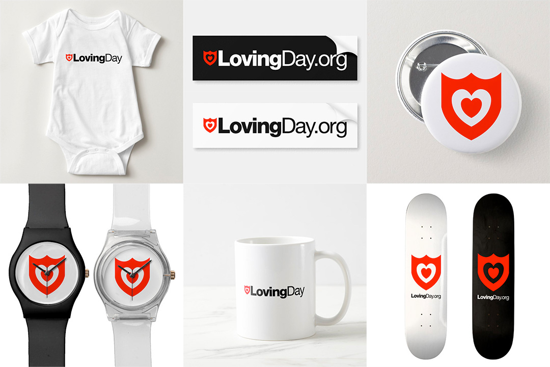 A montage of items with the Loving Day logo, including a baby onesie, bumper stickers, pins, watches, a mug, and skateboard decks.