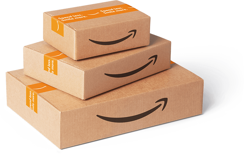 a stack of three Amazon boxes