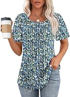 OFEEFAN Womens T Shirts Short Sleeve Pleated Dressy Casual Scooped Neck Summer Tops Blouses