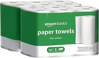 Amazon Basics 2-Ply Paper Towels, Flex-Sheets, 150 Sheets per Roll, 12 Rolls (2 Packs of 6), White