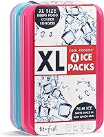 Cool Coolers by Fit & Fresh 4 Pack XL Slim Ice Packs, Quick Freeze Space Saving Reusable Ice Packs for Lunch Boxes or...