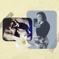 collage of Kaitlyn Abdou with ultrasound and flower on light yellow