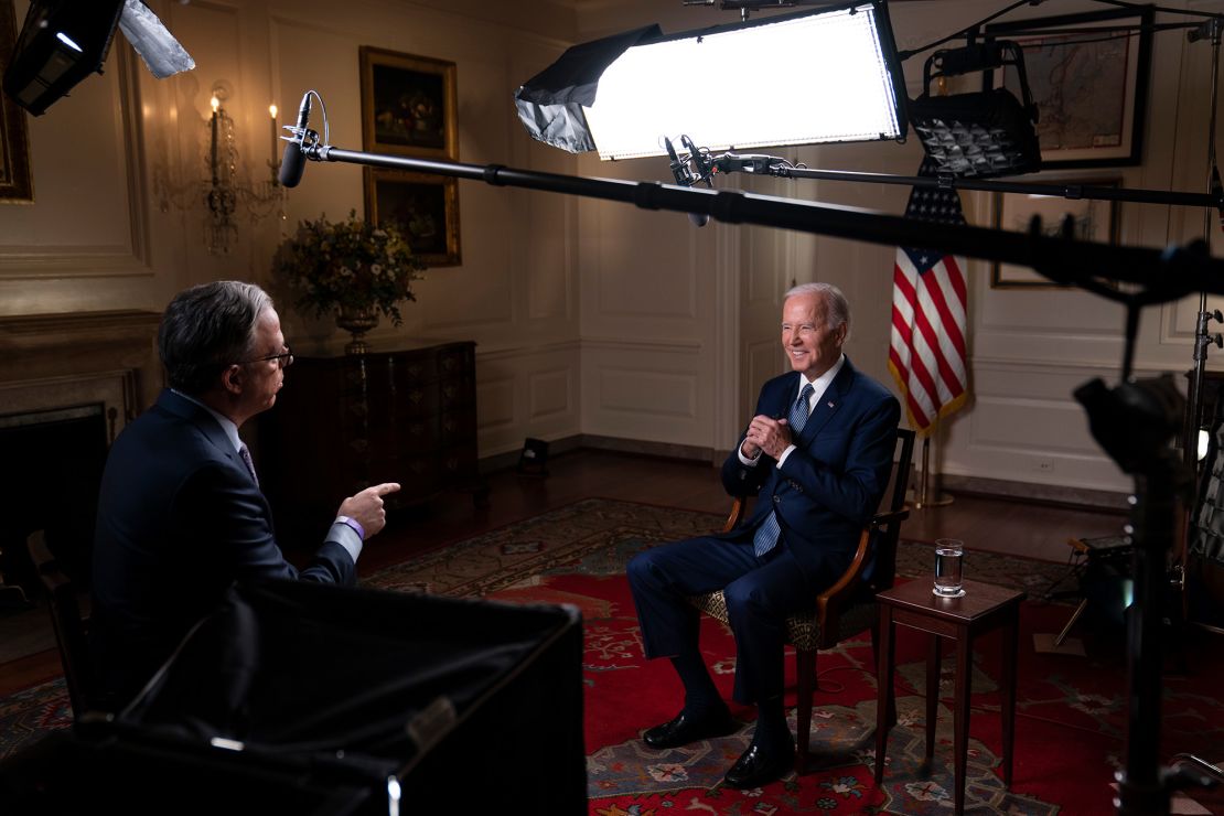 President Joe Biden speaks with CNN's Jake Tapper during an interview Tuesday in the Map Room of the White House.