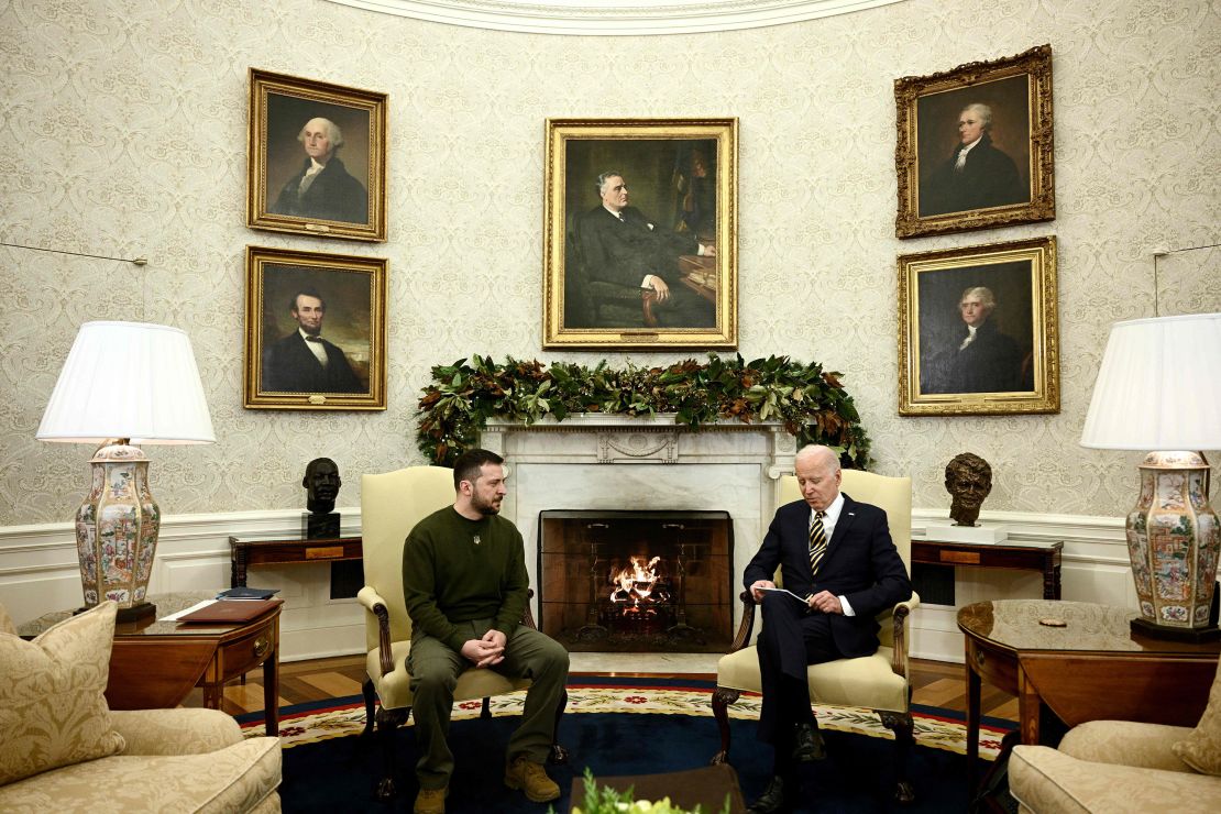 US President Joe Biden and Ukraine's President Volodymyr Zelensky meet in the Oval Office  of the White House, in Washington, DC on December 21, 2022. - Zelensky is in Washington to meet with US President Joe Biden and address Congress -- his first trip abroad since Russia invaded in February. (Photo by Brendan SMIALOWSKI / AFP) (Photo by BRENDAN SMIALOWSKI/AFP via Getty Images)