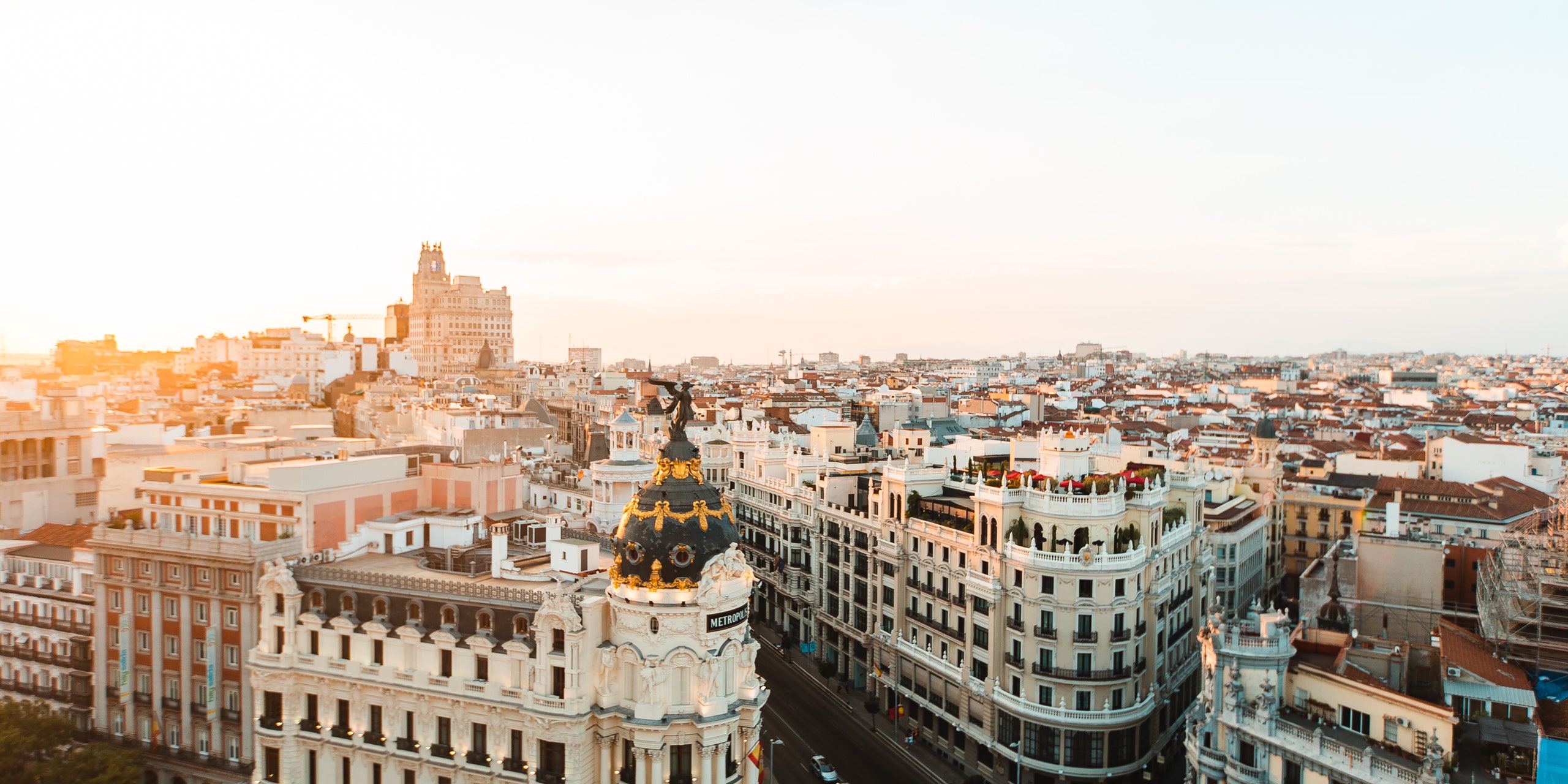 Elevated view of cityscape with Gran Via street at sunset Madrid Spain