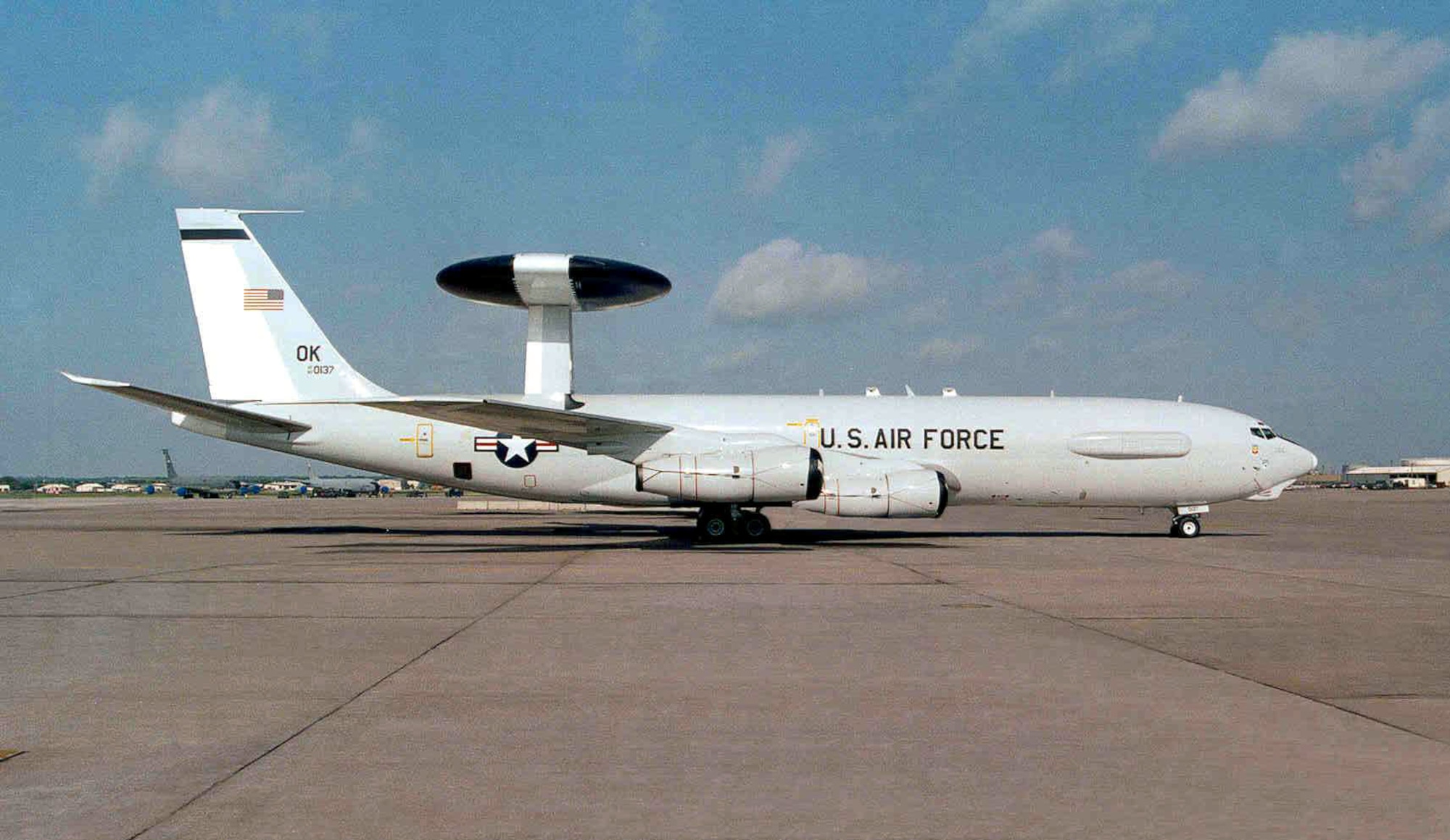 FILE PHOTO -- The E-3 Sentry is a modified Boeing 707/320 commercial airframe with a rotating radar dome. The dome is 30 feet in diameter, 6 feet thick and is held 11 feet above the fuselage by two struts. It contains a radar subsystem that permits surveillance from the Earth's surface up into the stratosphere, over land or water. The radar has a range of more than 200 miles for low-flying targets and farther for aerospace vehicles flying at medium to high altitudes. (Courtesy photo)
