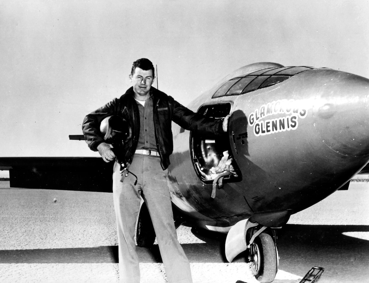 Capt. Charles E. Yeager (shown standing next to the Air Force's Bell-built X-1 supersonic research aircraft) became the first man to fly faster than the speed of sound in level flight on October 14, 1947. (U.S. Air Force photo)