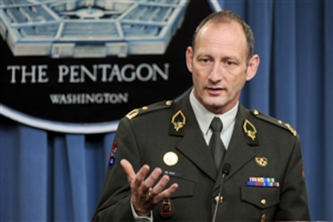 Former commander of the NATO International Security Assistance Force Regional Command South Maj. Gen. Mart de Kruif of the Royal Netherlands Army discusses his experiences leading 40,000 coalition troops in southern Afghanistan over the past year during a press conference held in the Pentagon on Dec. 14, 2009.  
