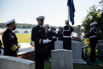 ANNAPOLIS, Md. (Oct. 5, 2020) Chief of Naval Operations Adm. Mike Gilday (CNO), left, attends a funeral ceremony in honor of Adm. Carlisle A. H. Trost. Trost, a native of Illinois, served as the 23rd CNO from June 30, 1986, until June 29, 1990. (U.S. Navy photo by Mass Communication Specialist 1st Class Raymond D. Diaz III/Released)