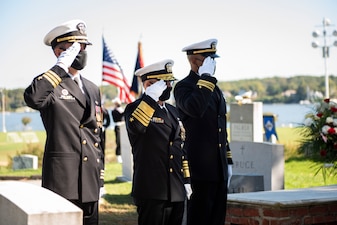 ANNAPOLIS, Md. (Oct. 5, 2020) Chief of Naval Operations Adm. Mike Gilday (CNO), center, renders honors to Adm. Carlisle A. H. Trost during a funeral in his honor. Trost, a native of Illinois, served as the 23rd CNO from June 30, 1986, until June 29, 1990. (U.S. Navy photo by Mass Communication Specialist 1st Class Raymond D. Diaz III/Released)