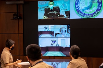 WASHINGTON (Apr. 13, 2021) - Chief of Naval Operations (CNO) Adm. Mike Gilday speaks with Japan Chief of Staff Adm. Hiroshi Yamamura during a video teleconference. The two leaders discussed recent operations across the globe and ways to strengthen the two navies’ interoperability. (U.S. Navy photo by Chief Mass Communication Specialist Nick Brown/Released)