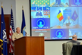 NORFOLK (April 14, 2021) Chief of Naval Operations (CNO) Adm. Mike Gilday delivers opening remarks to the Future Maritime Warfare Symposium during a trip to Hampton Roads to visit Sailors. (U.S. Navy photo by Cmdr. Nate Christensen/Released)