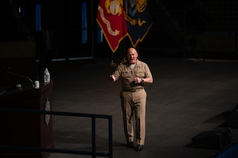 ANNAPOLIS, Md. (Apr. 19, 2021) Chief of Naval Operations (CNO) Adm. Mike Gilday speaks to 1st Class midshipmen during his visit to the U.S. Naval Academy. (U.S. Navy photo by Midshipman 1st Class Tommy Brophy/Released)