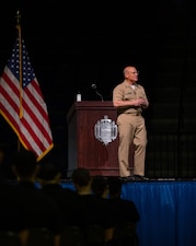 ANNAPOLIS, Md. (Apr. 19, 2021) Chief of Naval Operations (CNO) Adm. Mike Gilday speaks to 1st Class midshipmen during his visit to the U.S. Naval Academy. (U.S. Navy photo by Midshipman 1st Class Tommy Brophy/Released)