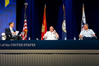NATIONAL HARBOR, Md. (Aug. 2, 2021) - Chief of Naval Operations (CNO) Adm. Mike Gilday speaks at the Sea Air Space 2021 expo. (U.S. Navy photo by Chief Mass Communication Specialist Nick Brown/Released)
