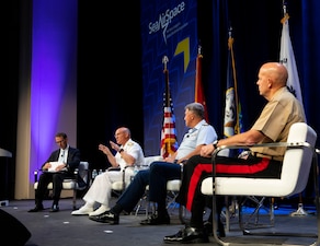 NATIONAL HARBOR, Md. (Aug. 2, 2021) - Chief of Naval Operations (CNO) Adm. Mike Gilday speaks at the Sea Air Space 2021 expo. (U.S. Navy photo by Chief Mass Communication Specialist Nick Brown/Released)