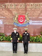 SINGAPORE (July 26, 2021) - Chief of Naval Operations (CNO) Adm. Mike Gilday meets with Chief of Navy, Republic of Singapore Navy Rear Adm. Aaron Beng during a trip to the region. Gilday visited the region to meet with senior military and government leadership to reaffirm the U.S. Navy’s commitment to our partners and allies and help keep the seas open and free. (U.S. Navy photo by Cmdr. Nate Christensen/Released)