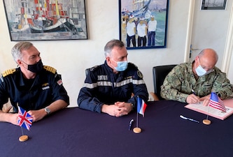 TOULON (June 3, 2021) - Chief of Naval Operations (CNO) Adm. Mike Gilday meets with U.K. First Sea Lord and Chief of the Naval Staff Adm. Tony Radakin, and Chief of the French Navy Adm. Pierre Vandier for a trilateral maritime discussion. The three heads of Navy met in France to sign a trilateral joint statement reaffirming their commitment to deeper co-operation and interoperability around the globe to meet the challenges of tomorrow and maintain a strategic advantage at sea. (U.S. Navy photo by Cmdr. Nate Christensen/Released)