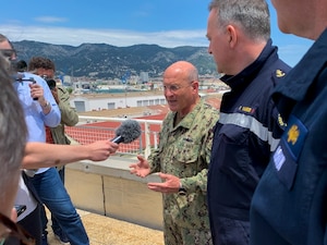 TOULON (June 3, 2021) - Chief of Naval Operations (CNO) Adm. Mike Gilday meets with U.K. First Sea Lord and Chief of the Naval Staff Adm. Tony Radakin, and Chief of the French Navy Adm. Pierre Vandier for a trilateral maritime discussion. The three heads of Navy met in France to sign a trilateral joint statement reaffirming their commitment to deeper co-operation and interoperability around the globe to meet the challenges of tomorrow and maintain a strategic advantage at sea. (U.S. Navy photo by Cmdr. Nate Christensen/Released)