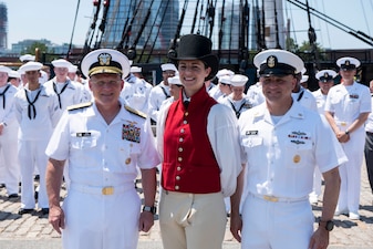 BOSTON (June 30, 2021) - Chief of Naval Operations (CNO) Adm. Mike Gilday presents the Meritorious Unit Commendation to the crew of USS Constitution. The crew earned the award for their success in adapting to virtual tours after the pandemic began in 2020. Constitution Sailors conducted tours for more than 4.5 million people and brought the Navy’s history to quarantined Americans in all 50 states and 24 other countries. (U.S. Navy Photo by Mass Communication Specialist 1st Class Raymond D. Diaz III/Released)