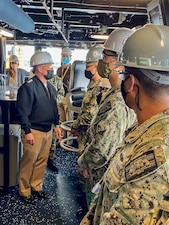 BATH, Maine (May. 10, 2021) - Chief of Naval Operations (CNO) Adm. Mike Gilday tours Bath Iron Works with Sen. Susan Collins and Sen. Angus King. During the visit, CNO also met with Sailors aboard USS Daniel Inouye (DDG 118) and USS Lyndon B. Johnson (DDG 1002). (U.S. Navy photo by Cmdr. Nate Christensen/Released)