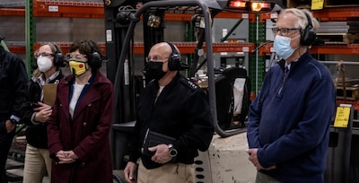 BATH, Maine (May. 10, 2021) - Chief of Naval Operations (CNO) Adm. Mike Gilday tours Bath Iron Works with Sen. Susan Collins and Sen. Angus King. During the visit, CNO also met with Sailors aboard USS Daniel Inouye (DDG 118) and USS Lyndon B. Johnson (DDG 1002). (Photo courtesy of Bath Iron Works/Released)