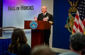 WASHINGTON (Nov. 16, 2021) Chief of Naval Operations (CNO) Adm. Mike Gilday delivers remarks during the Vice Adm. James Bond Stockdale Leadership Award ceremony in the Pentagon. Capt. William H. Wiley, middle, the Special Assistant for Fleet Matters, Naval Reactors Line Locker, and Capt. Bradley D. Geary, commanding officer of Naval Special Warfare Basic Training Command, received the award, which is peer-nominated and presented annually to two commissioned officers who serve as examples of excellence in leadership. (U.S. Navy photo by Mass Communication Specialist 1st Class Sean Castellano/Released)
