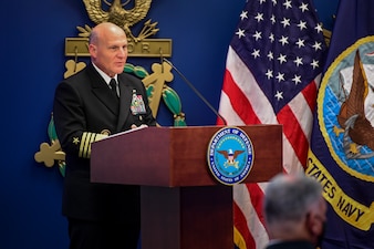 WASHINGTON (Nov. 16, 2021) Chief of Naval Operations (CNO) Adm. Mike Gilday delivers remarks during the Vice Adm. James Bond Stockdale Leadership Award ceremony in the Pentagon. Capt. William H. Wiley, middle, the Special Assistant for Fleet Matters, Naval Reactors Line Locker, and Capt. Bradley D. Geary, commanding officer of Naval Special Warfare Basic Training Command, received the award, which is peer-nominated and presented annually to two commissioned officers who serve as examples of excellence in leadership. (U.S. Navy photo by Mass Communication Specialist 1st Class Sean Castellano/Released)