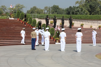 NEW DELHI (Oct. 12, 2021) Chief of Naval Operations (CNO) Adm. Mike Gilday, left, participates in a wreath laying ceremony at the National War Memorial in New Dehli. Gilday is in India to meet with India Chief of Naval Staff Admiral Karambir Singh and other senior leaders from the Indian Navy and government. (Photo courtesy of U.S. State Department/Released)