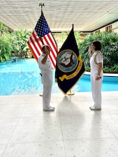 NEW DELHI (Oct. 12, 2021) Chief of Naval Operations (CNO) Adm. Mike Gilday, left, administers the oath of office to Rear Adm. Eileen Laubacher, the U.S. defense attaché for the U.S. Embassy in New Delhi, during Laubacher’s promotion ceremony. Gilday is in India to meet with India Chief of Naval Staff Admiral Karambir Singh and other senior leaders from the Indian Navy and government.  (U.S. Navy photo by Cmdr. Nate Christensen/Released)