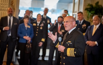 Chief of Naval Operations (CNO) Adm. Mike Gilday speaks with international delegates during the International Seapower Symposium welcome reception.