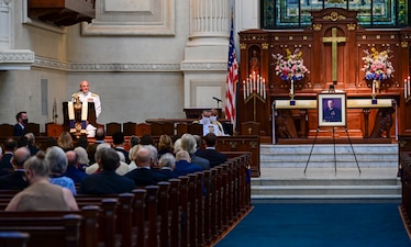 ANNAPOLIS, Md. (Sept. 20, 2021) Chief of Naval Operations (CNO) Adm. Mike Gilday speaks at a memorial service for the 23rd CNO, Adm. Carlisle Trost, at the U.S. Naval Academy. Trost was the CNO from 1986 to 1990. (U.S. Navy photo by Mass Communication Specialist 1st Class Sean Castellano/Released)