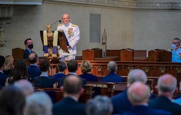 ANNAPOLIS, Md. (Sept. 20, 2021) Chief of Naval Operations (CNO) Adm. Mike Gilday speaks at a memorial service for the 23rd CNO, Adm. Carlisle Trost, at the U.S. Naval Academy. Trost was the CNO from 1986 to 1990. (U.S. Navy photo by Mass Communication Specialist 1st Class Sean Castellano/Released)