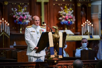 ANNAPOLIS, Md. (Sept. 20, 2021) Chief of Naval Operations (CNO) Adm. Mike Gilday speaks at a memorial service for the 23rd CNO, Adm. Carlisle Trost, at the U.S. Naval Academy. Trost was the CNO from 1986 to 1990. (U.S. Navy photo by Mass Communication Specialist 1st Class Sean Castellano/Released)