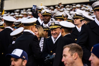 PHILADELPHIA (Dec. 10, 2022) -- Chief of Naval Operations Adm. Mike Gilday meets with United States Naval Academy Midshipmen in the stands at the 123rd Army Navy Game at Lincoln Financial Field in Philadelphia, Pennsylvania on Dec. 10, 2022. One of the oldest and most storied rivalries in collegiate athletics, Navy leads Army in the series with a 62-54-7 record.