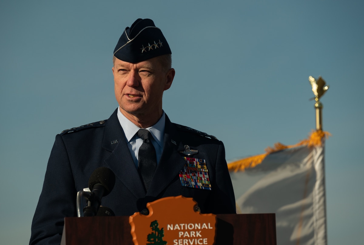 U.S. Air Force Gen. Mark Kelly, commander of Air Combat Command, delivers the keynote speech