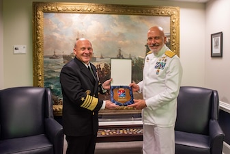 WASHINGTON (May 10, 2022) - Chief of Naval Operations Adm. Mike Gilday meets Italian Chief of Defense Staff Adm. Giuseppe Cavo Dragone during an office call at the Pentagon, May 10. The two leaders discussed the enduring and vital maritime partnership between Italy and the United States, as well as the importance of global security. (U.S. Navy photo by Chief Mass Communication Specialist Amanda R. Gray/released)